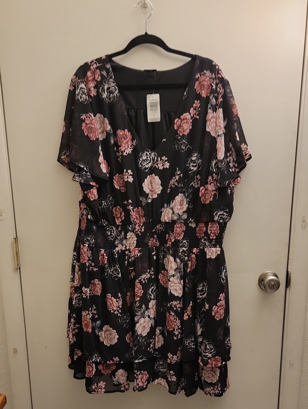Torrid Black Mini Dress with Pink Rose Floral Print, Size 4.